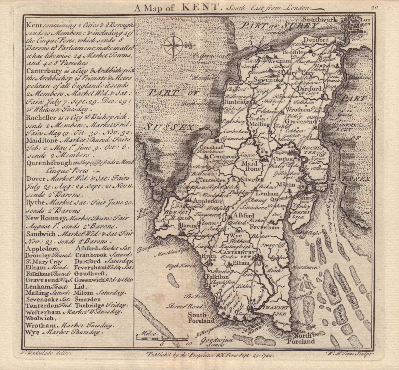 Antique county map of Kent by Badeslade & Toms. West orientation 1742 old